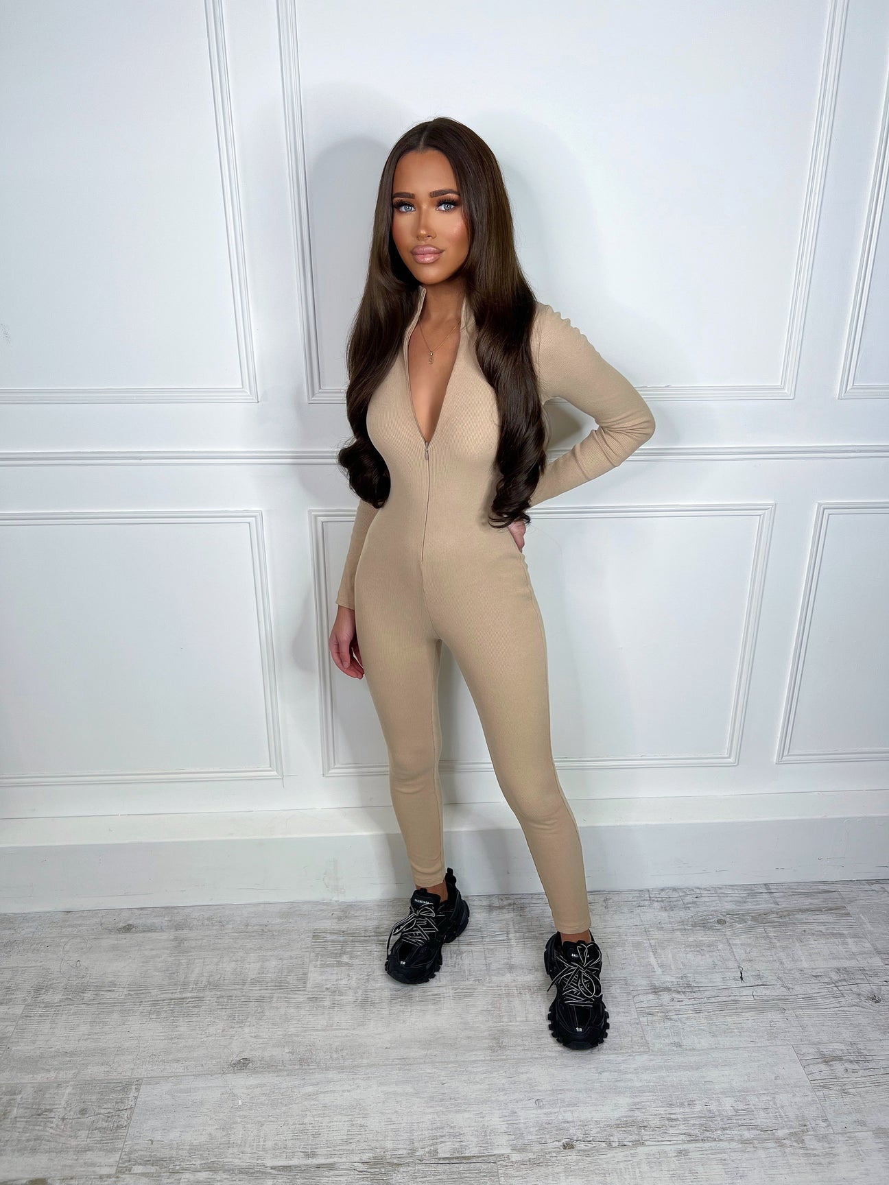 Sand zip up ribbed bodycon jumpsuit