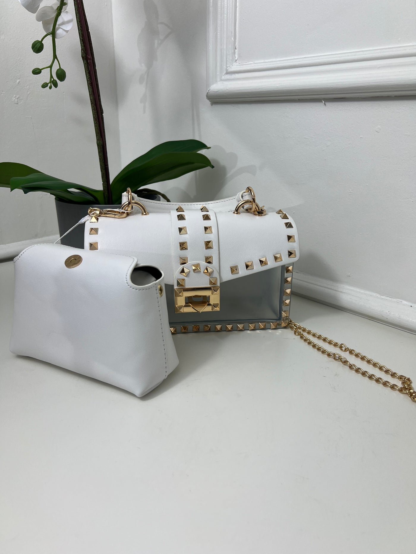 White studded Chain bag with detachable insert