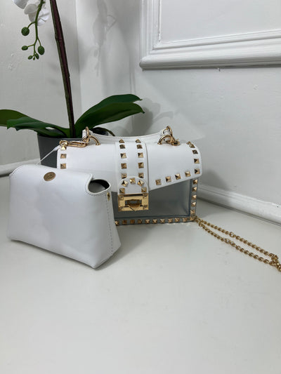 White studded Chain bag with detachable insert