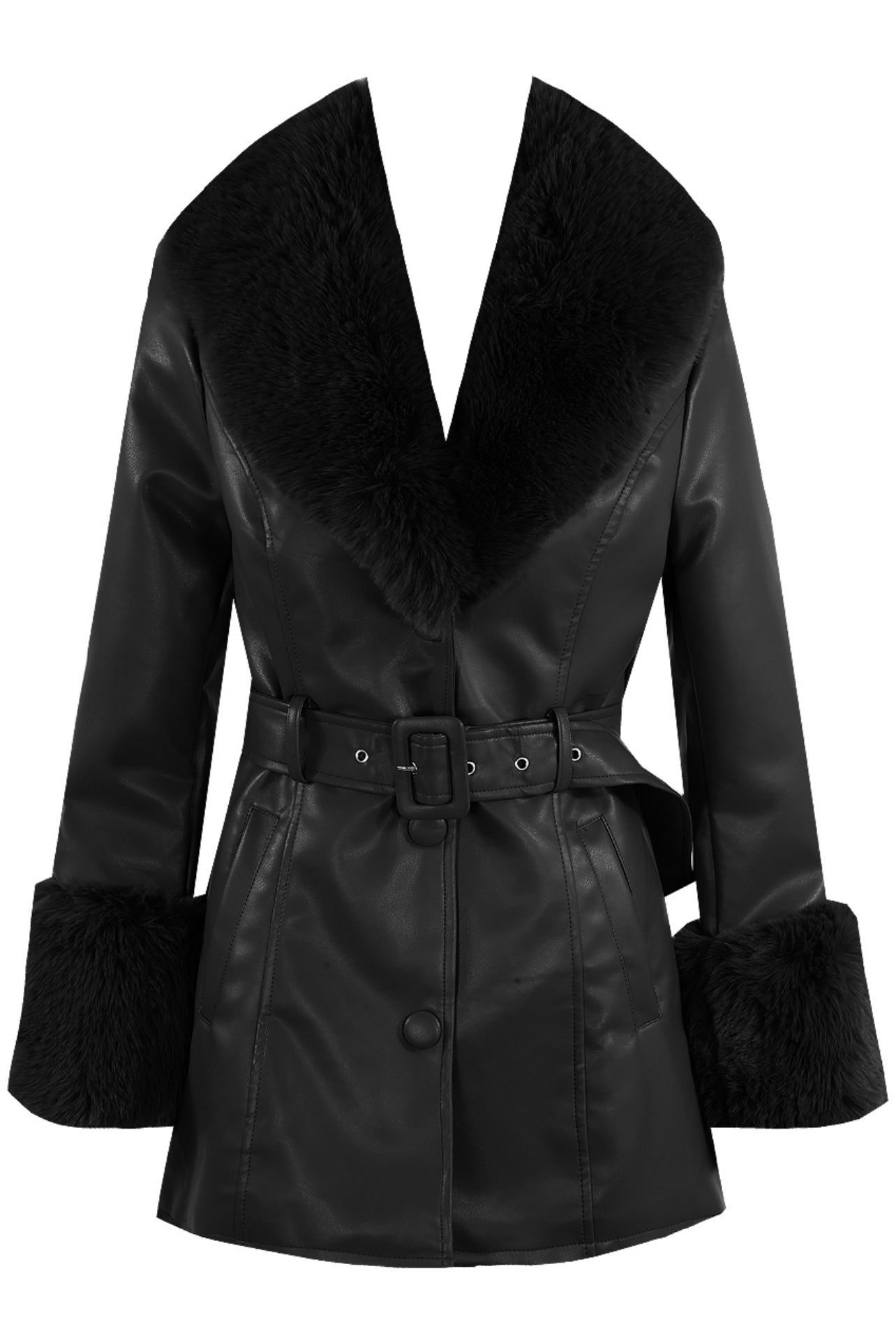 BLACK FAUX FUR TRIM BELTED COAT