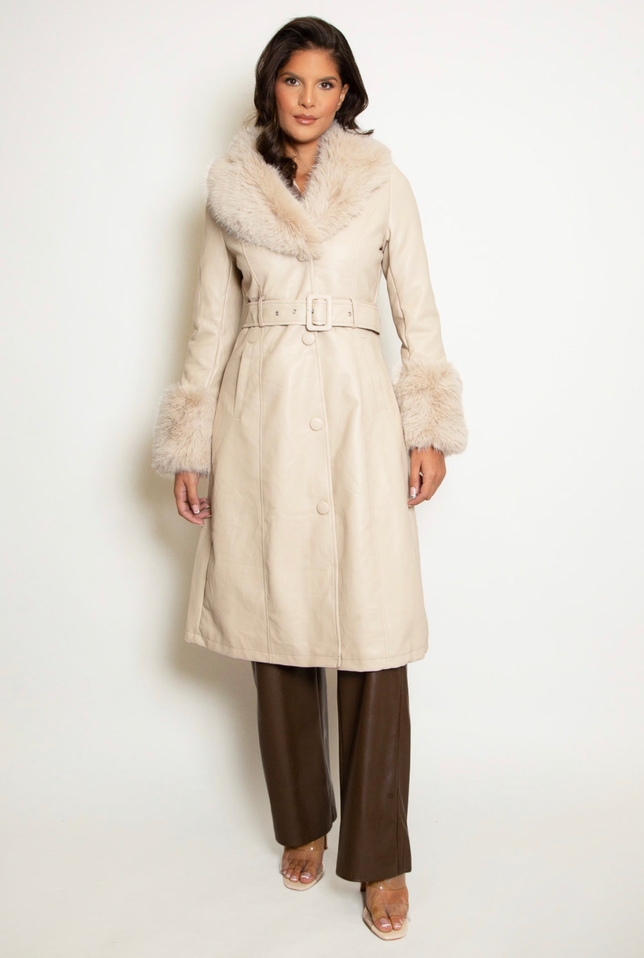 Oat faux fur trim belted trench coat