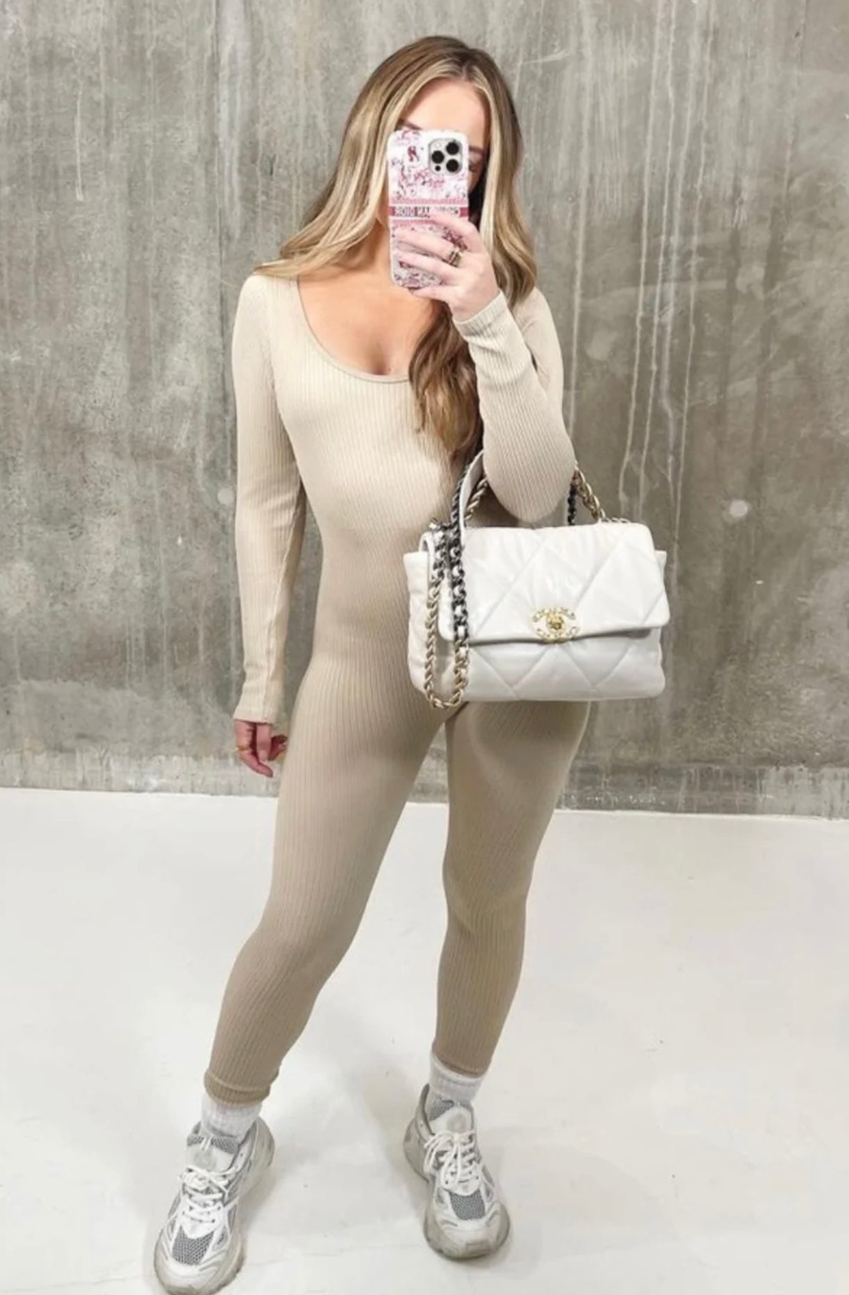 Sand Long sleeve ribbed bodycon jumpsuit