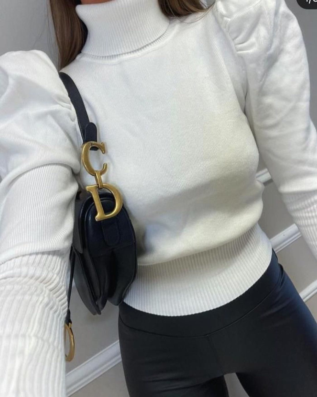 White Puff shoulder roll neck jumper