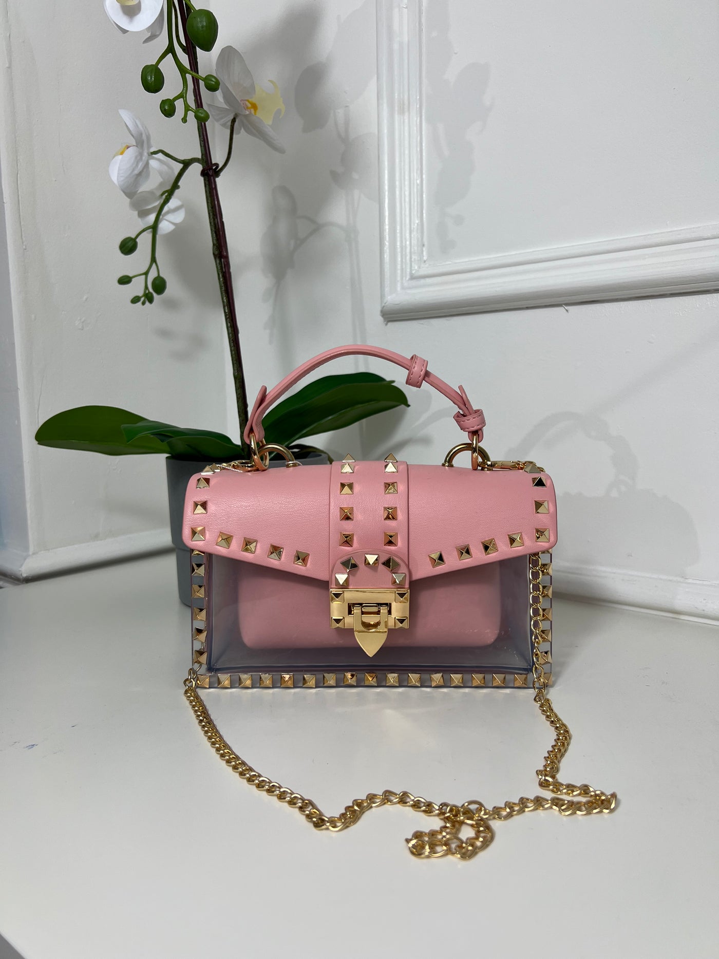 Pink studded Chain bag with detachable insert