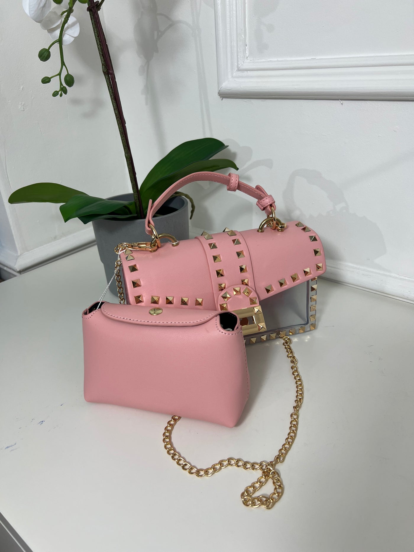 Pink studded Chain bag with detachable insert