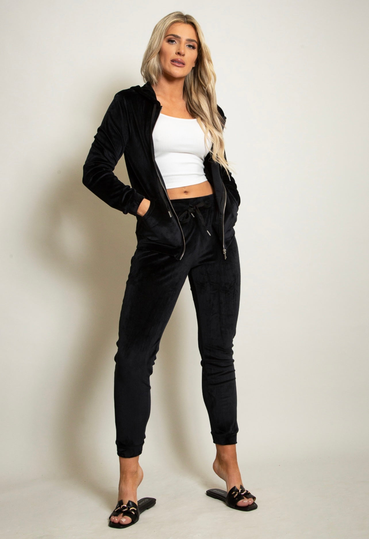 Black velvet zip up lounge wear set