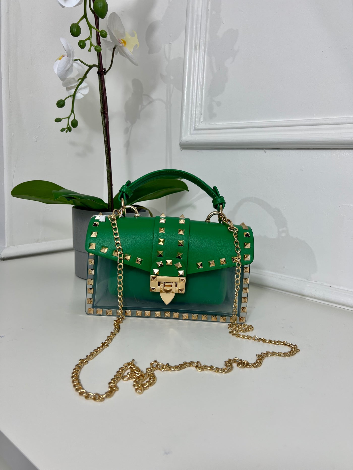 Green studded Chain bag with detachable insert