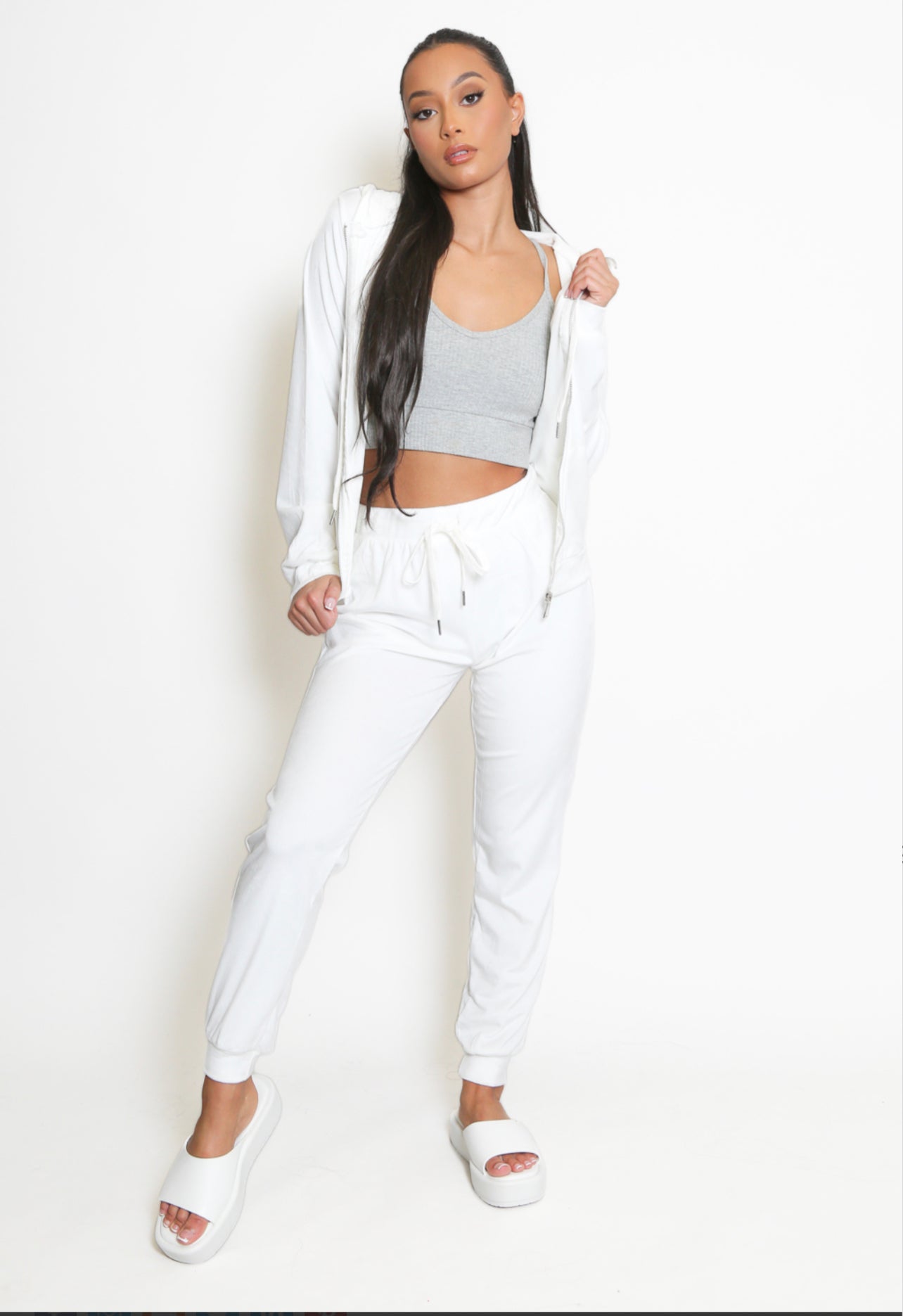 WHITE velvet zip up lounge wear set