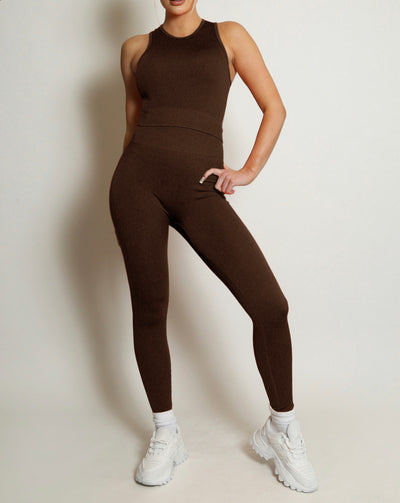 Brown Long sleeve ribbed bodycon jumpsuit