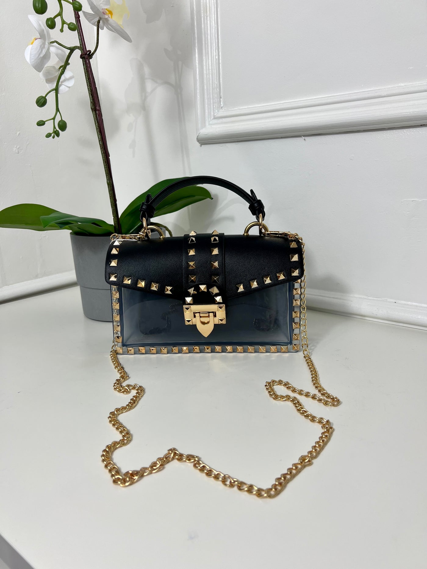 Black studded Chain bag with detachable insert