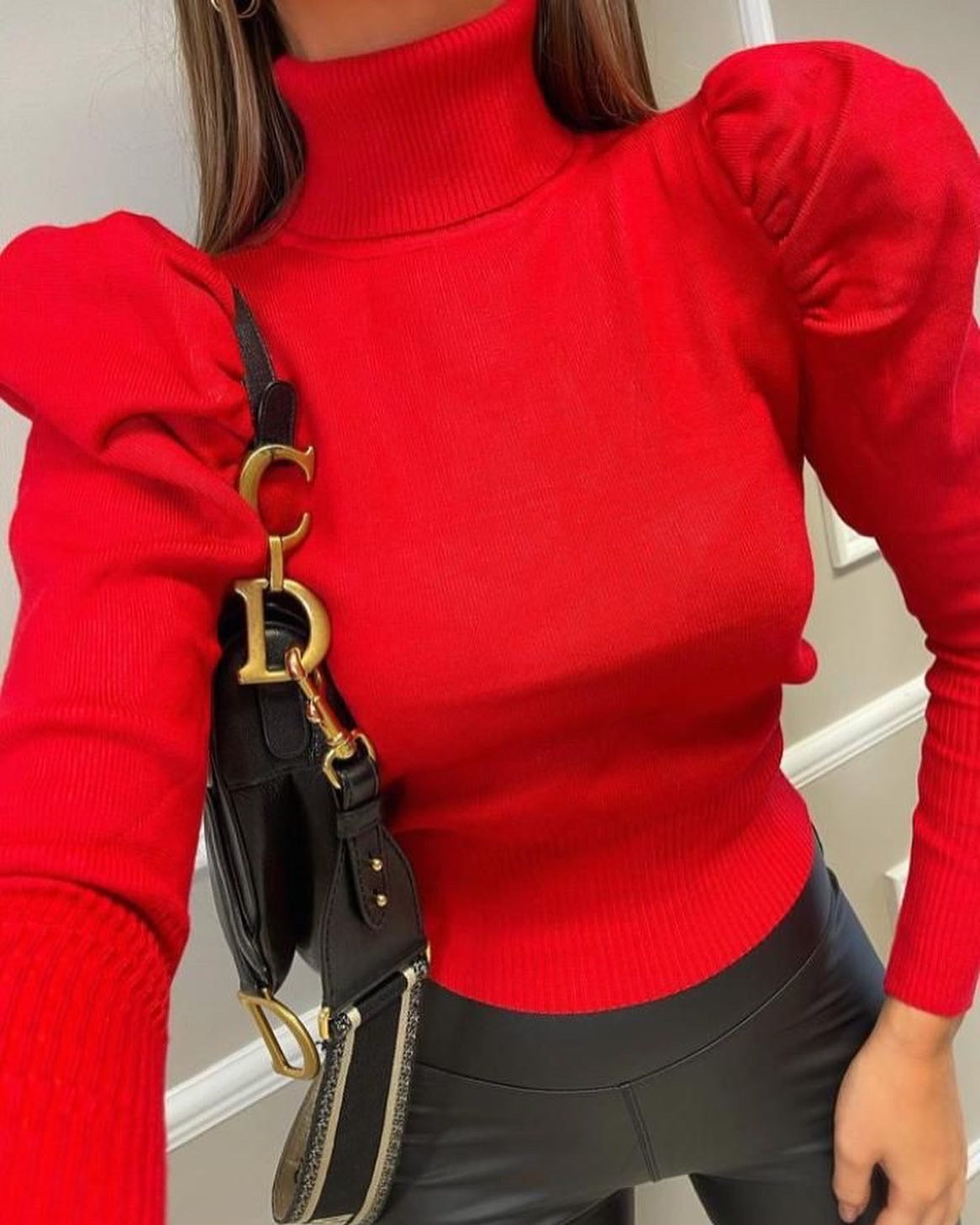 red Puff shoulder roll neck jumper