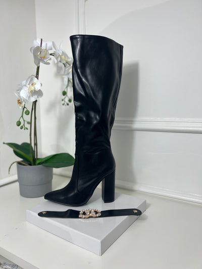 Leather look detachable anklet knee high boot