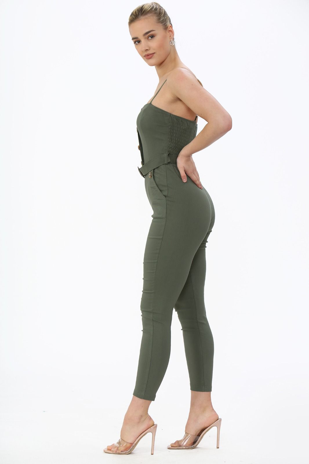 khaki spaghetti strap button jumpsuit