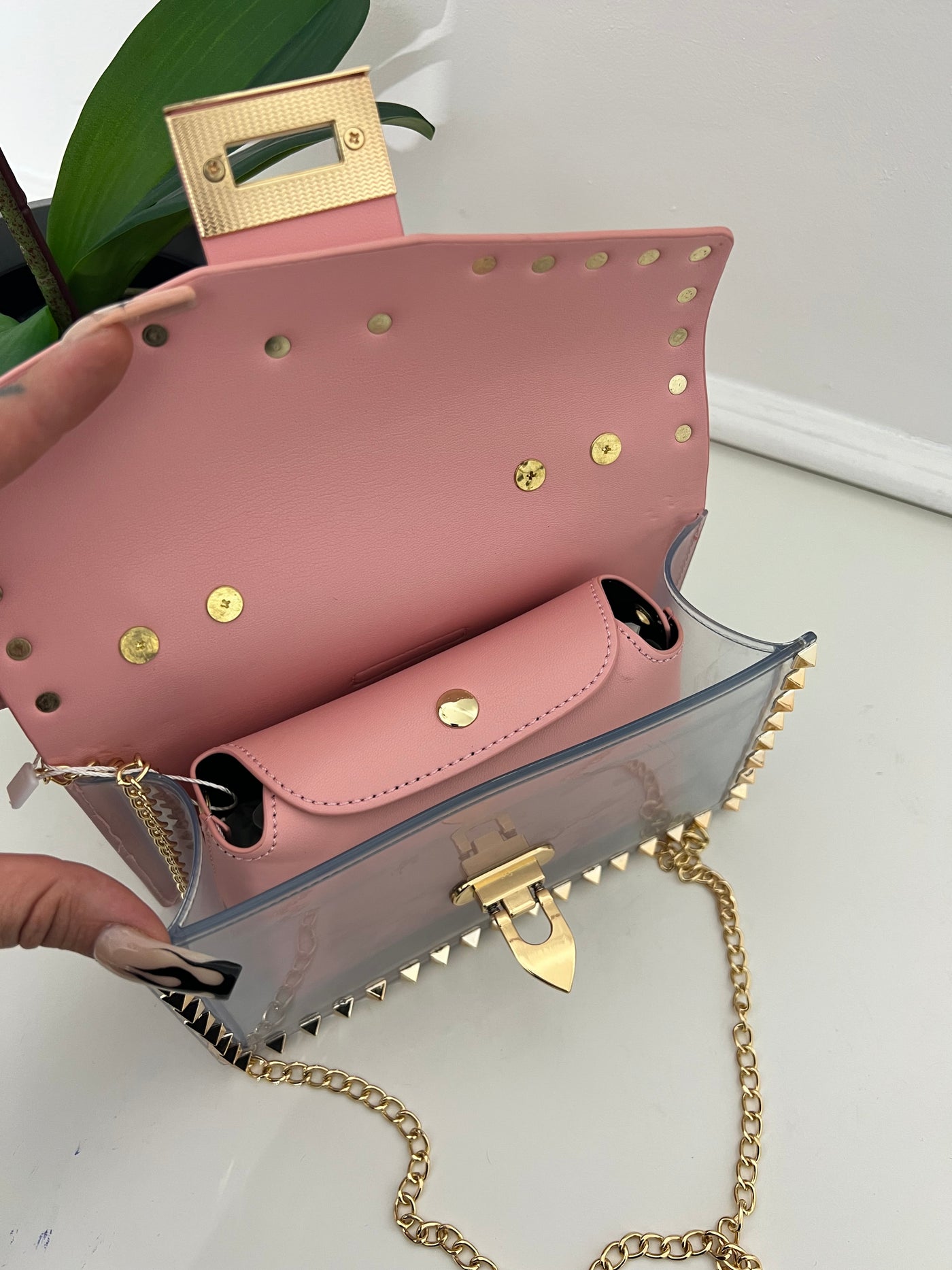 Pink studded Chain bag with detachable insert