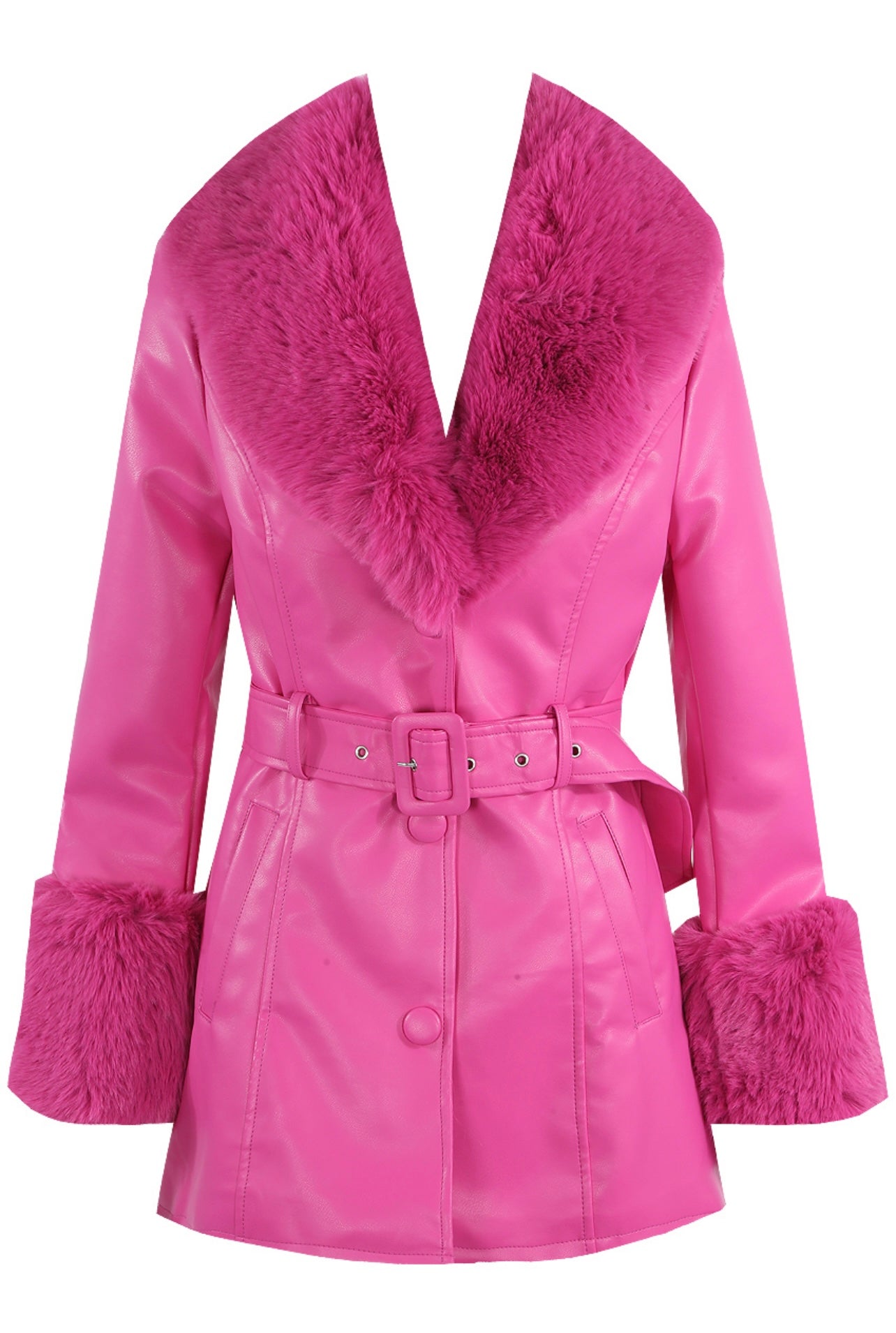 PINK FAUX FUR TRIM BELTED COAT