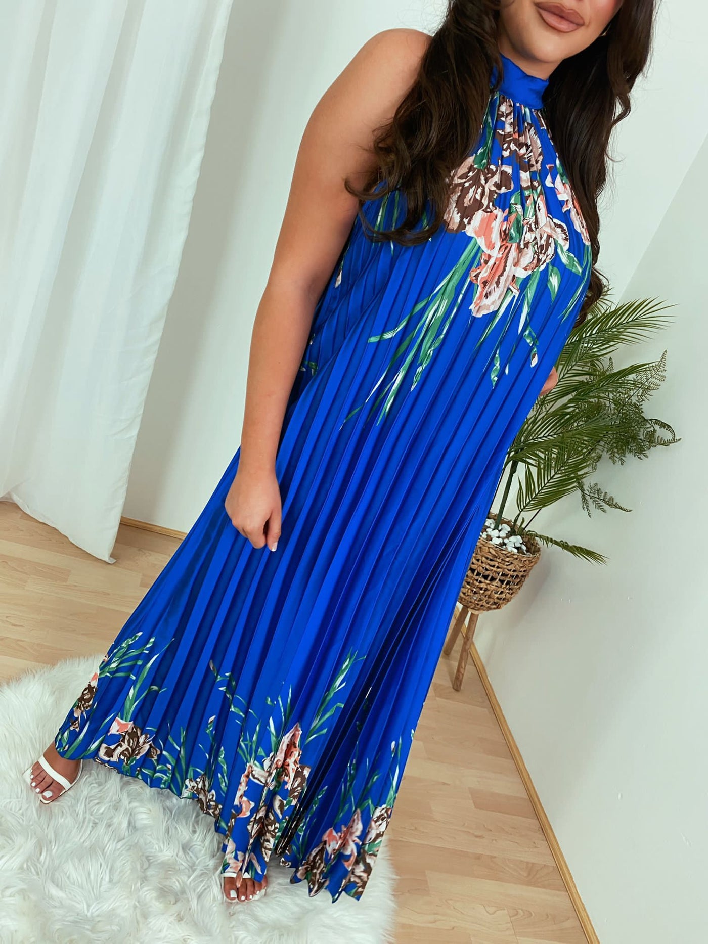 BLUE HELTER NECK PLEATED MAXI DRESS