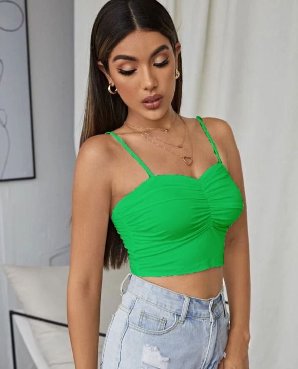 Green thin strap ruched crop top