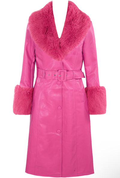 Pink faux fur trim belted trench coat