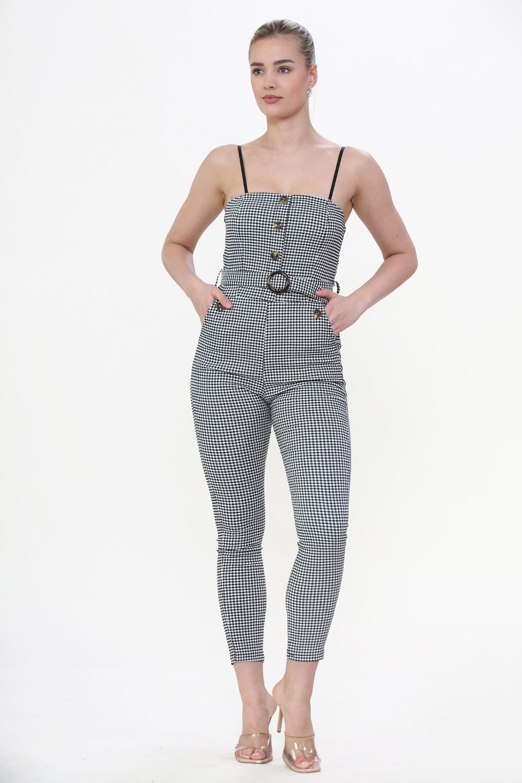 check print spaghetti strap button jumpsuit