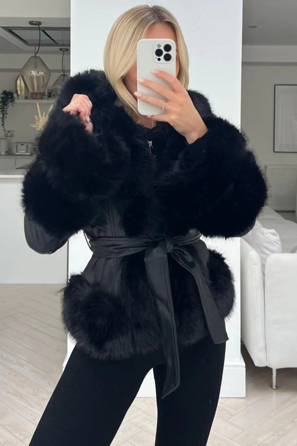 BLACK PU TIE WAIST FUR TRIM HOODED COAT