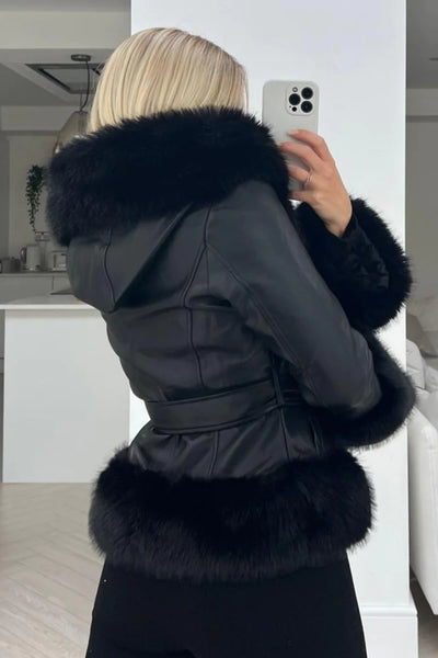 BLACK PU TIE WAIST FUR TRIM HOODED COAT