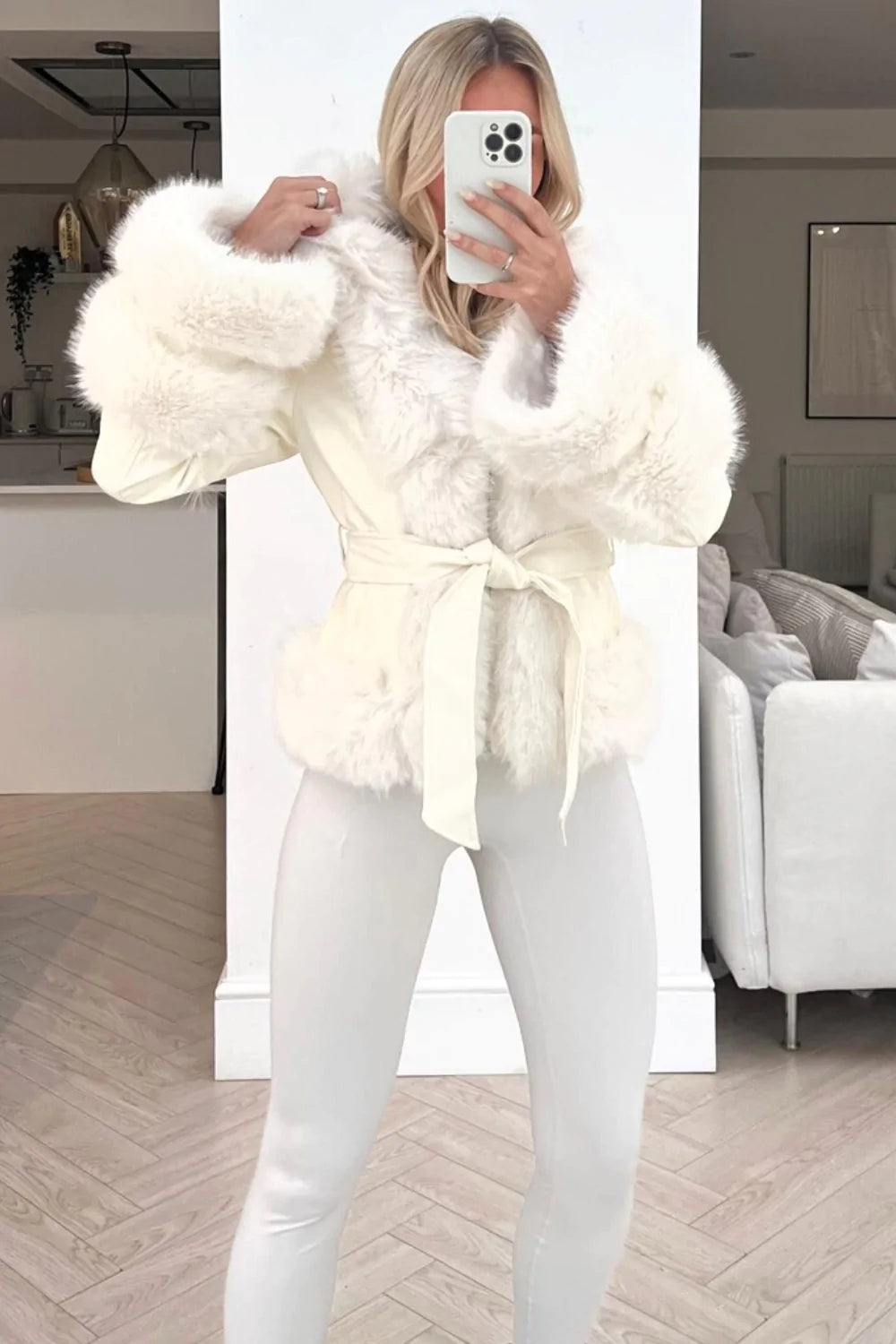 CREAM PU TIE WAIST FUR TRIM HOODED COAT