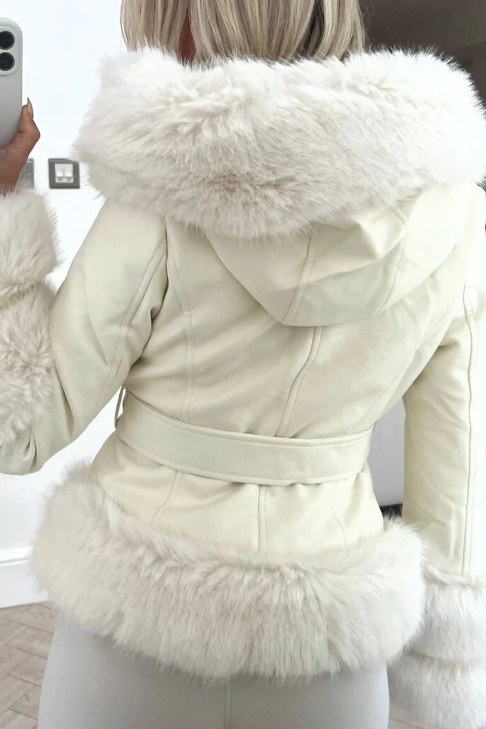 CREAM PU TIE WAIST FUR TRIM HOODED COAT