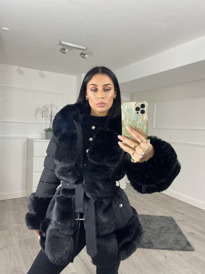 long line fur trim puffer belted coat