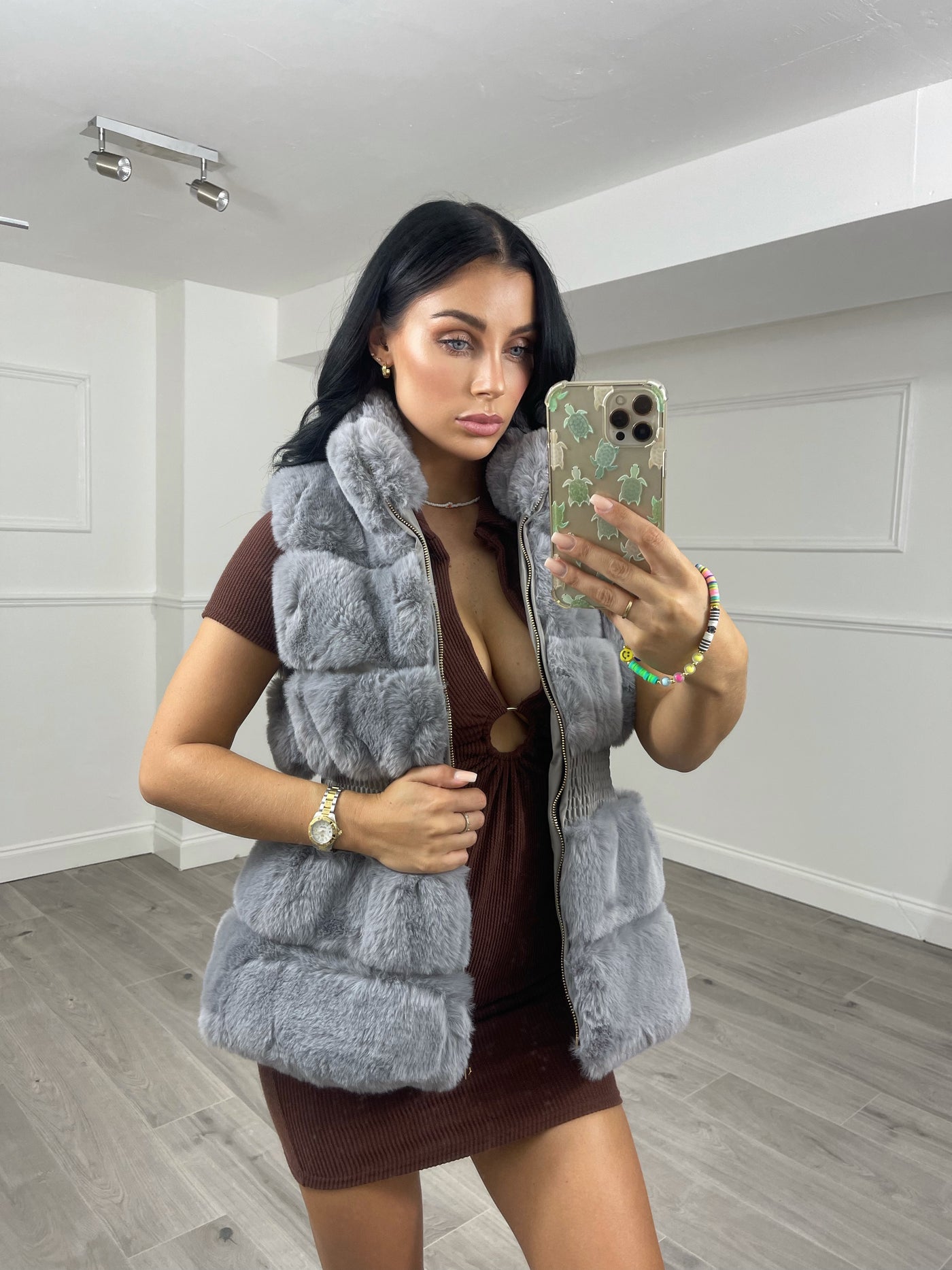 Grey faux fur ruched waist detail gillet