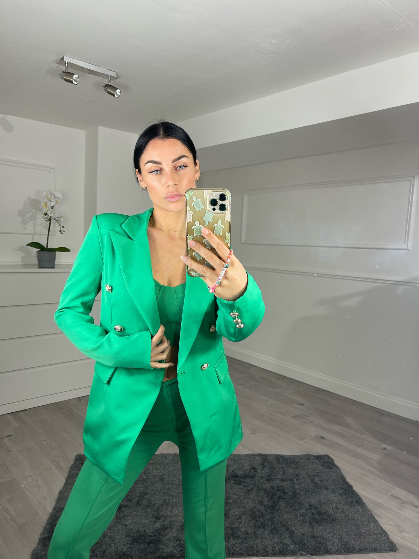 GREEN TAILORED BLAZER WITH GOLD BUTTONS