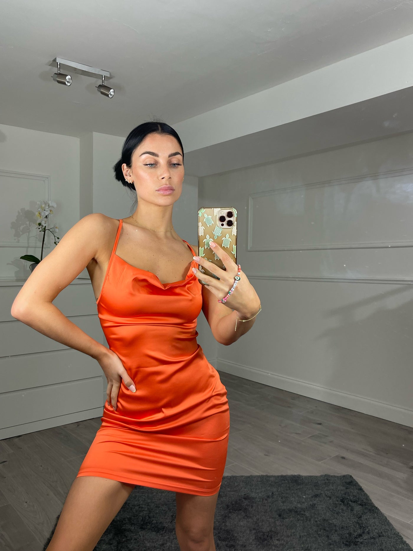 orange silky backless dress