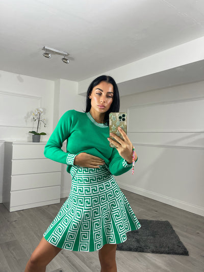 Green  KNITTED CORD PLEATED SKIRT CROPPED JUMPER