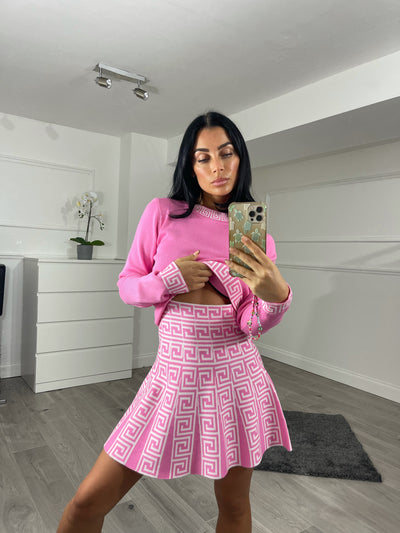 Pink KNITTED CORD PLEATED SKIRT CROPPED JUMPER