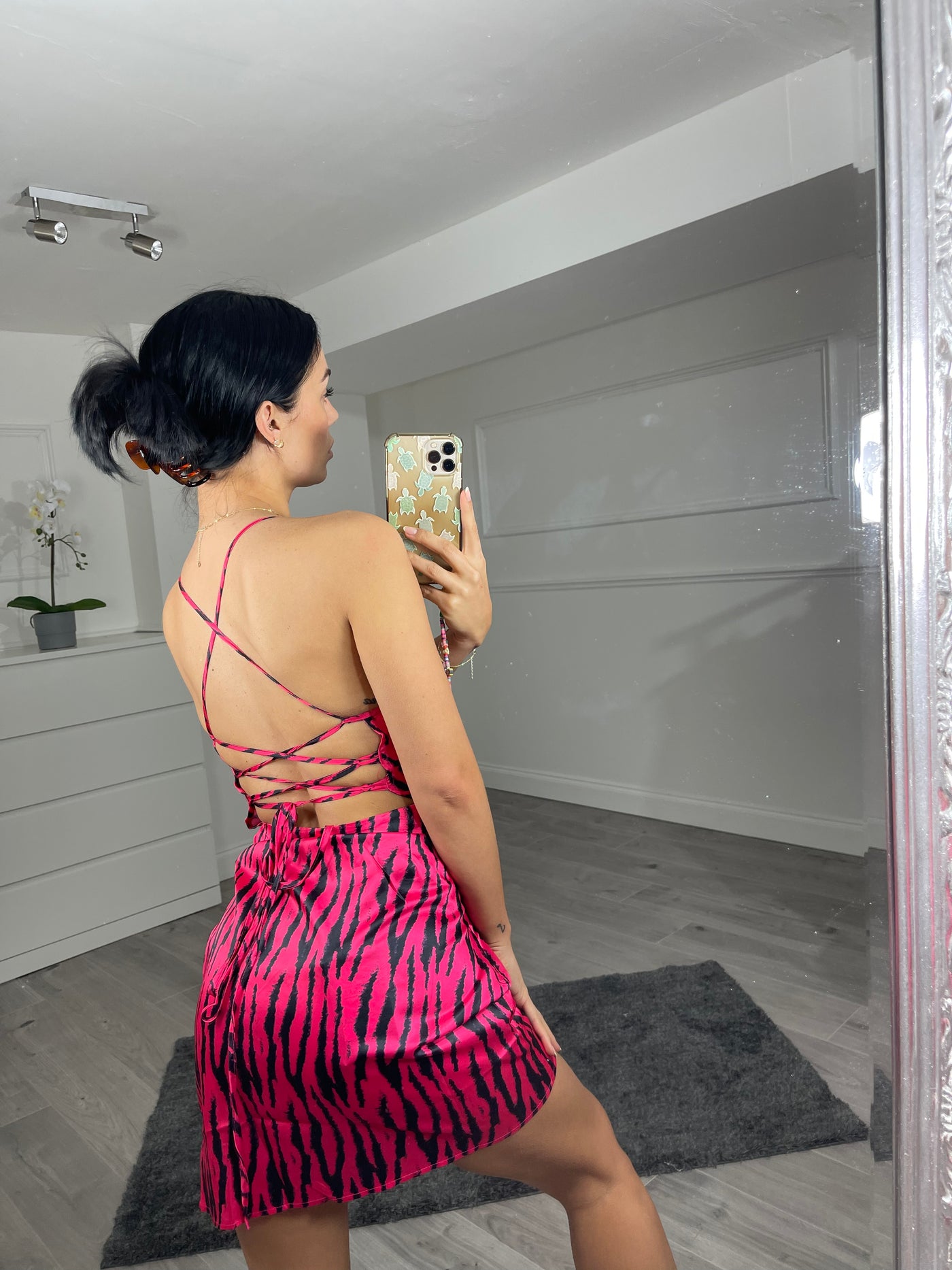 pink zebra print backless dress