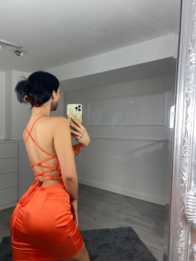 orange silky backless dress