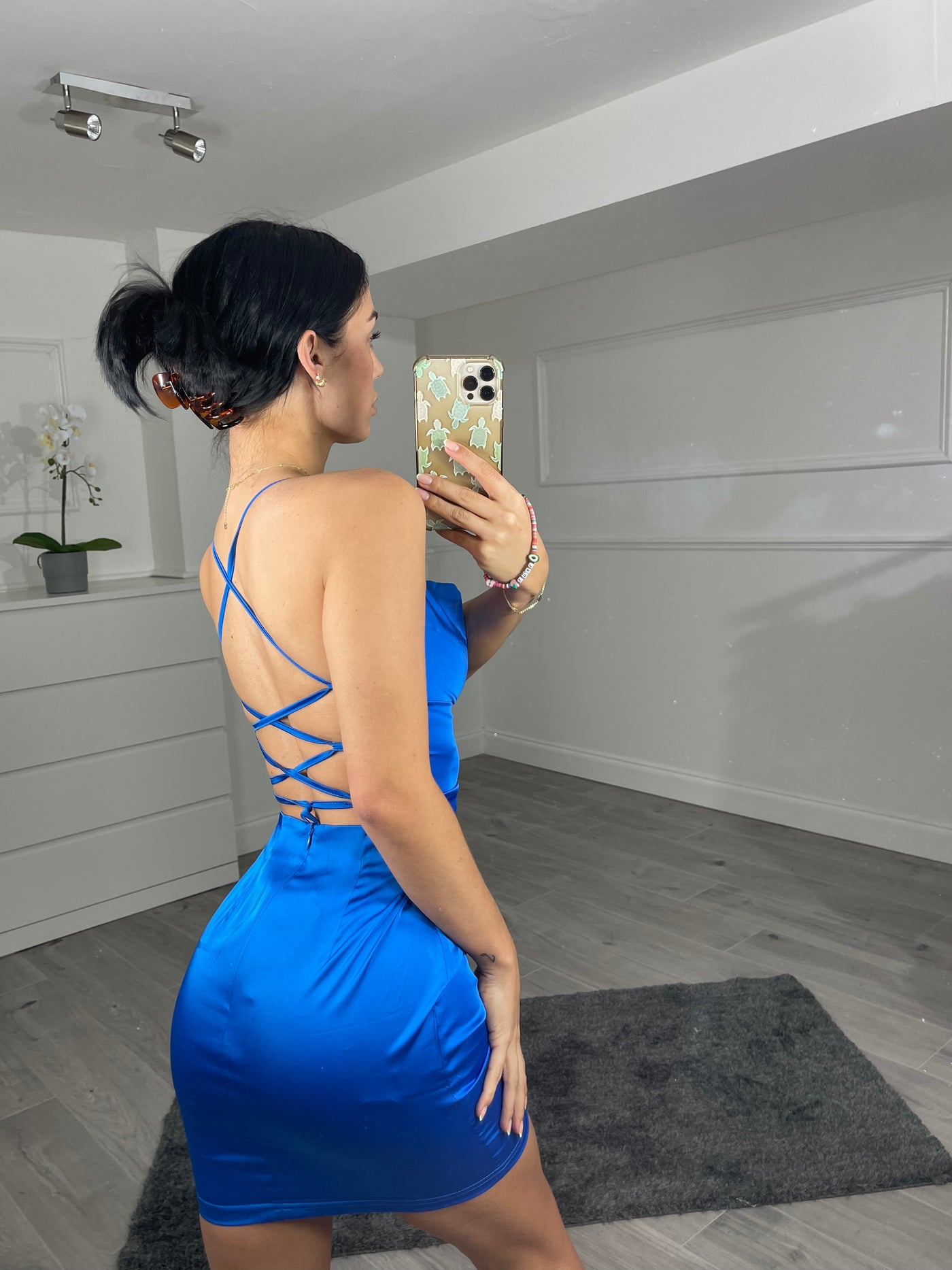 blue silky backless dress