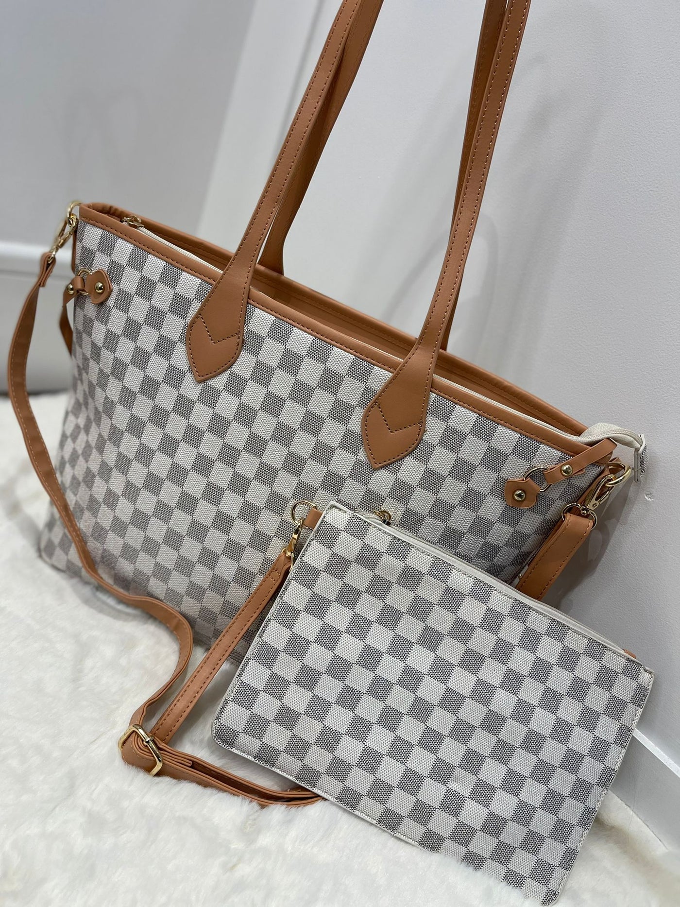Grey check shoulder bag and small clutch