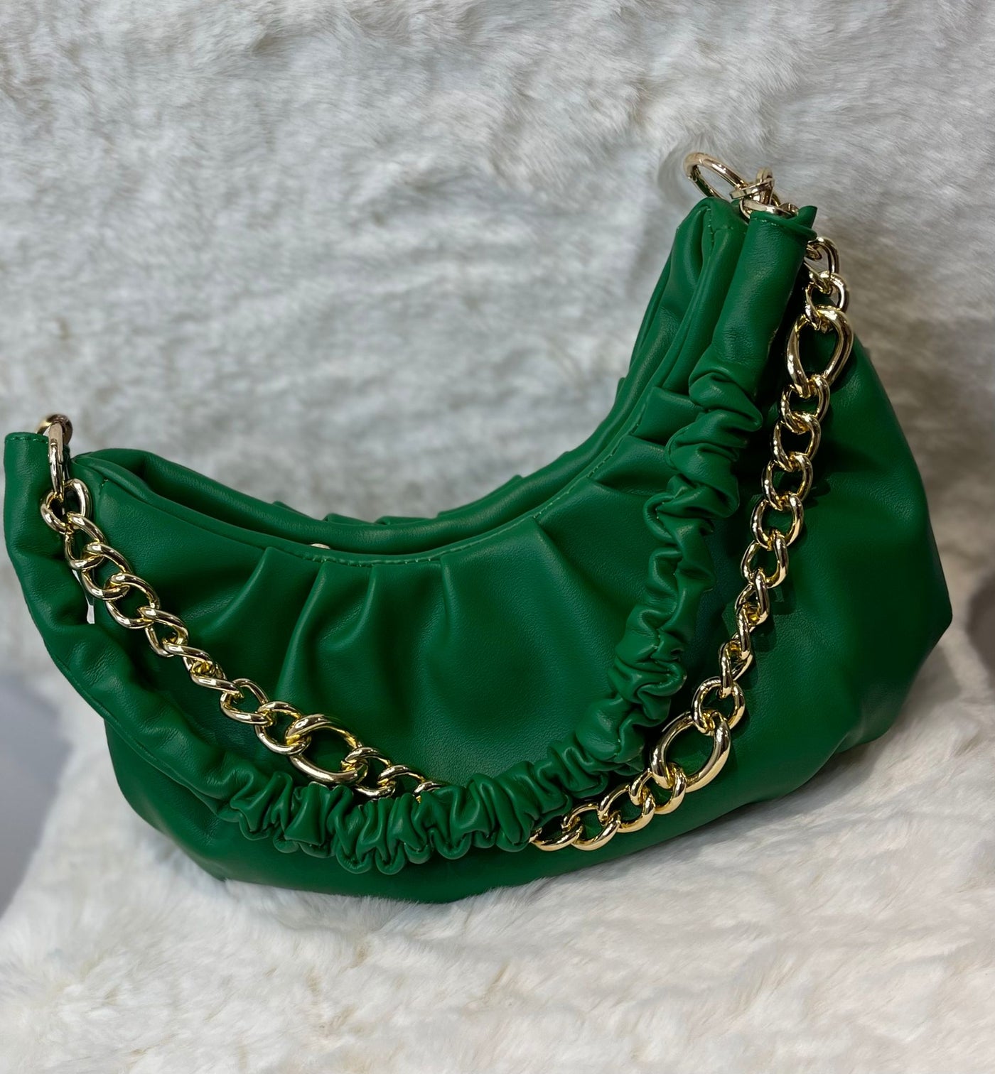 Green ruched gold chain shoulder bag