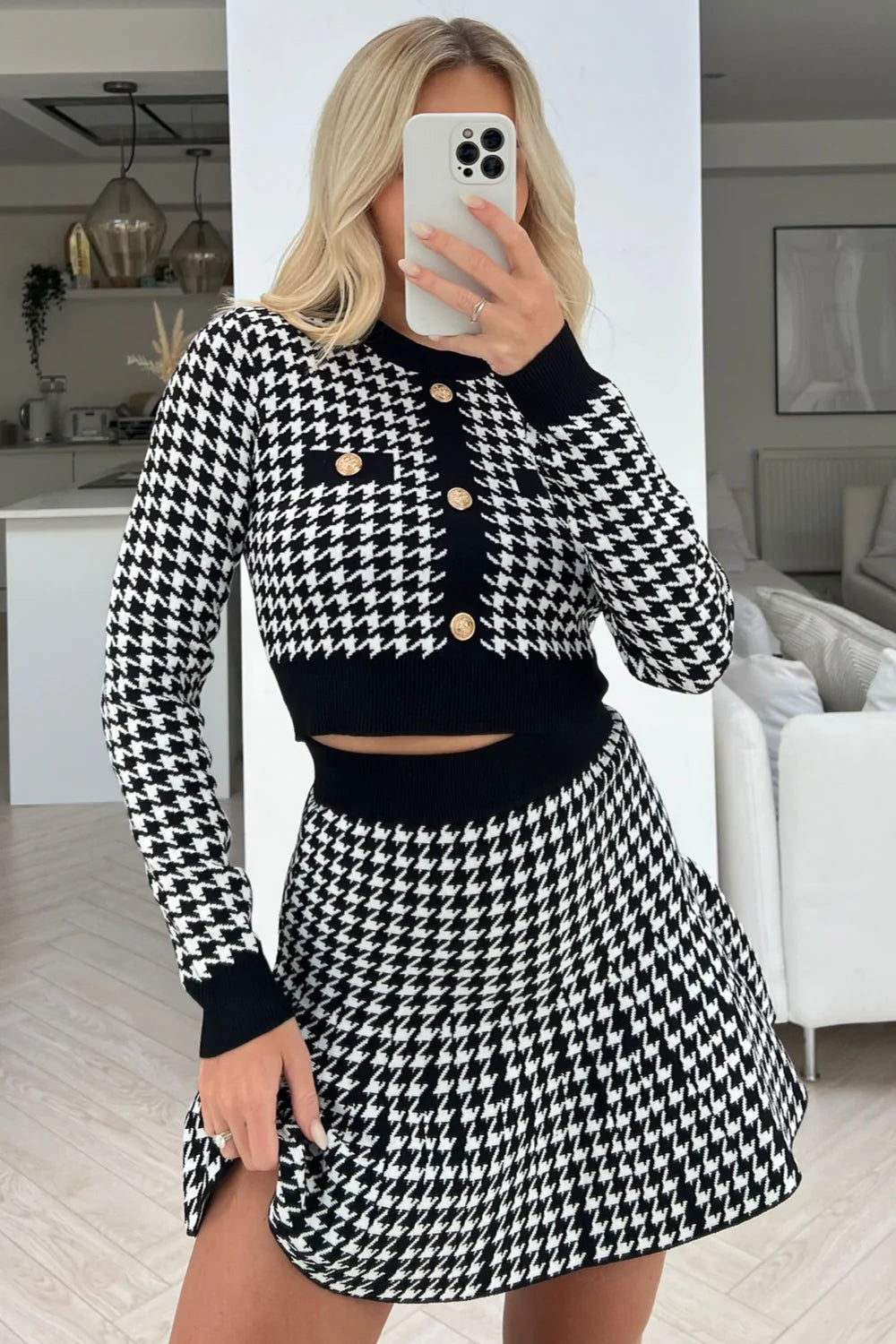 BLACK & WHITE DOGTOOTH KNITTED JUMPER SKIRT COORD