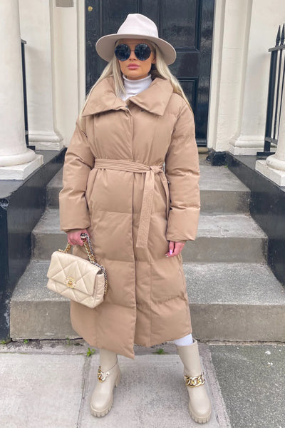 CAMEL LONG PADDED DUVET COAT