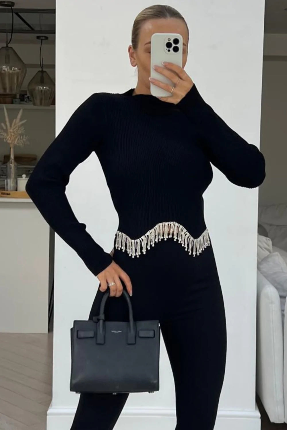 BLACK RIBBED DIAMANTE TASSEL TOP