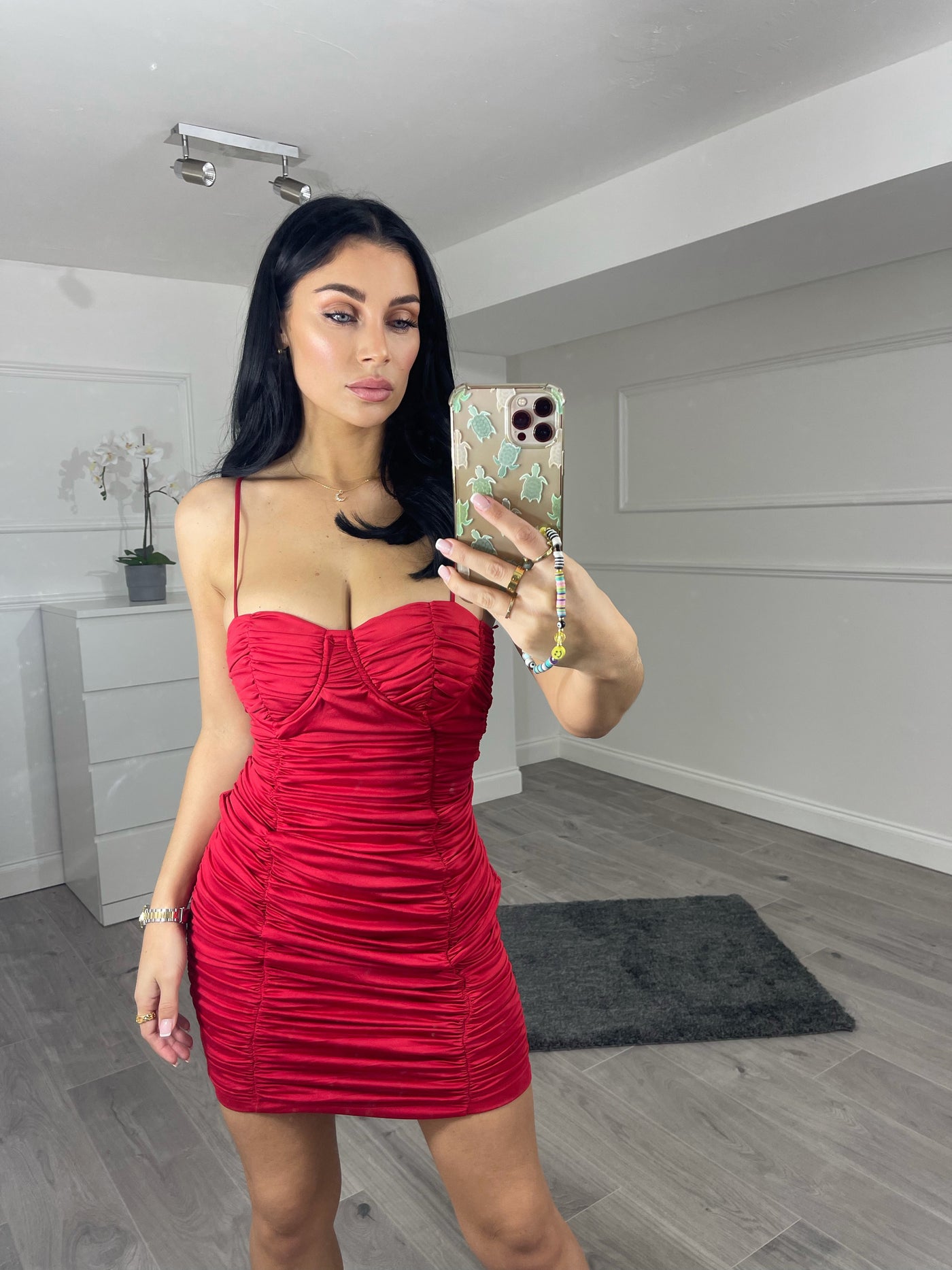 Red full ruched spaghetti strap dress